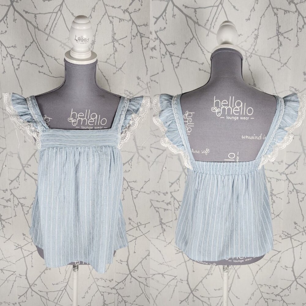 Axara Paris Blue Stripe Square Neck Ruffle Cap Sleeve Top